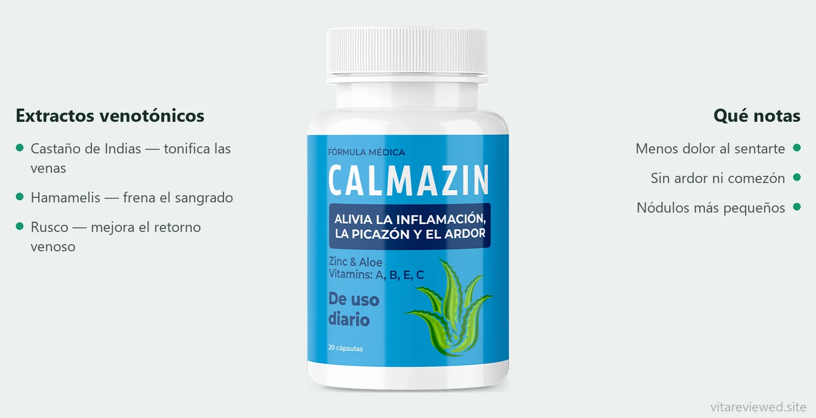 Composición de Calmazin: castaño de Indias, hamamelis, rusco, bioflavonoides cítricos, vid roja