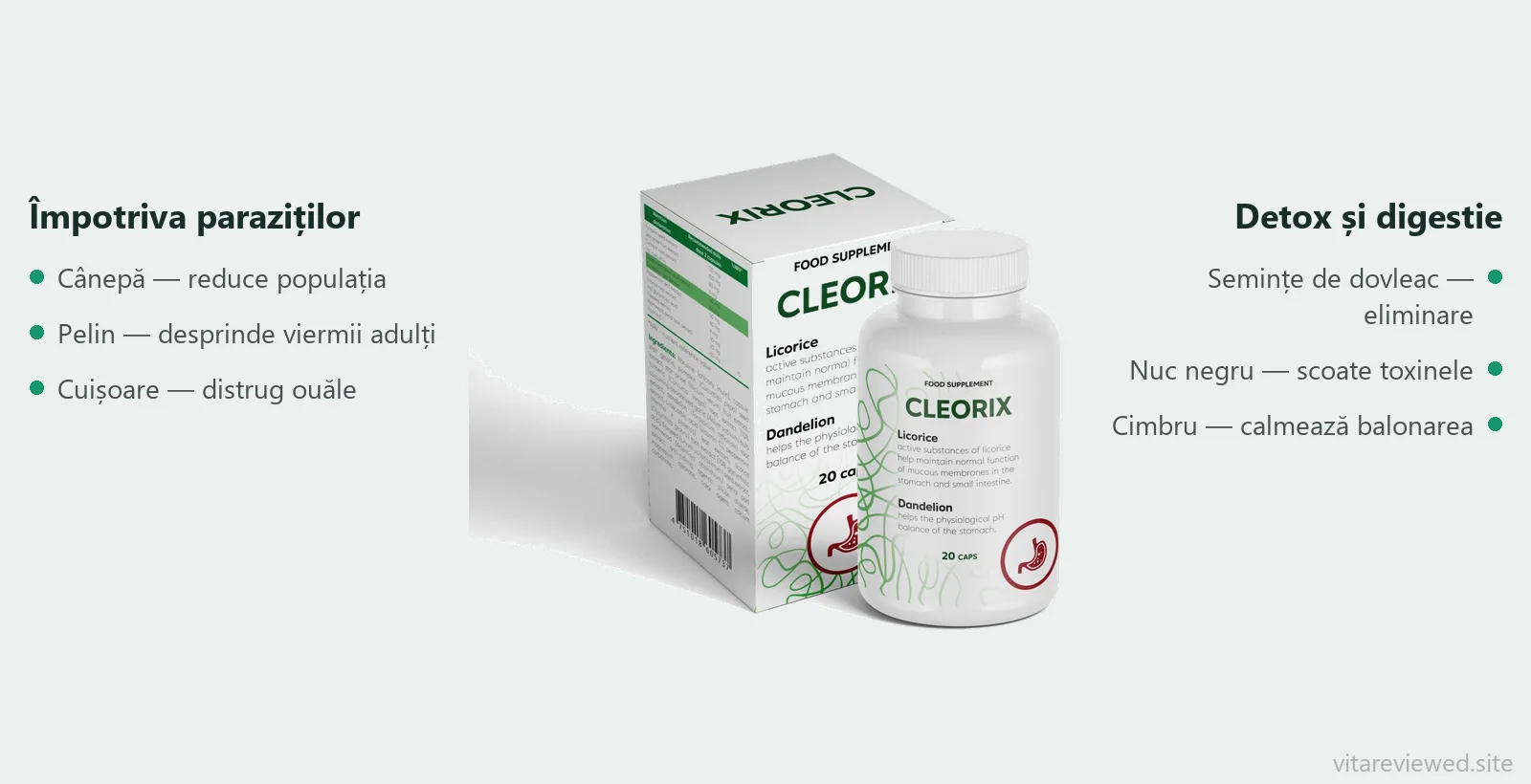 Compoziția Cleorix: cânepă, pelin, cuișoare, semințe de dovleac, nuc negru, cimbru
