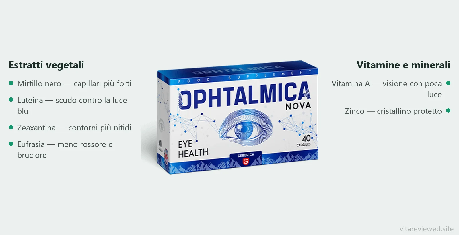 Composizione di Ophtalmica: mirtillo nero, luteina, zeaxantina, eufrasia, vitamina A, zinco