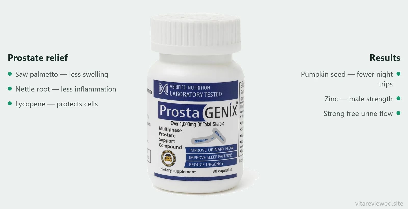 Prosta Genix composition: saw palmetto, pumpkin seed, nettle root, lycopene, zinc
